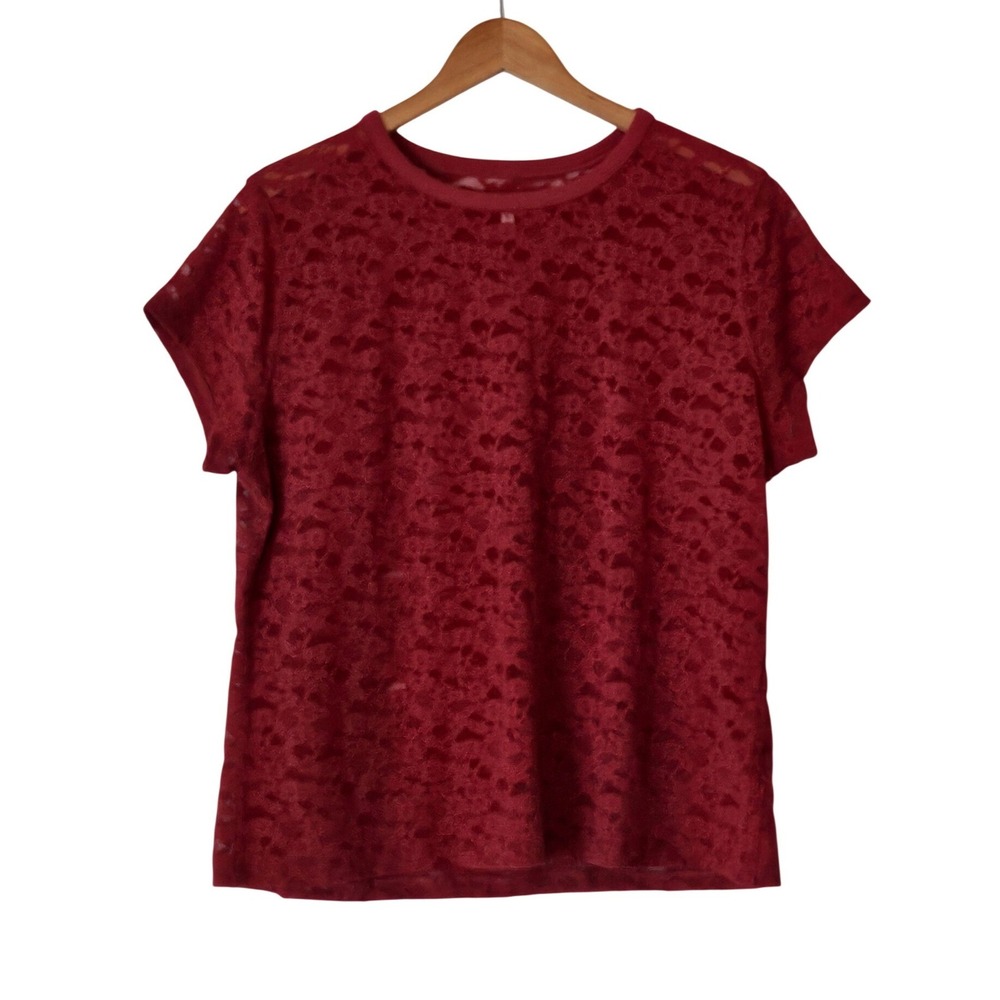 Aerie XL‎ Red Floral Lace Top Semi Sheer Short Sleeve Stretch Romantic Blouse